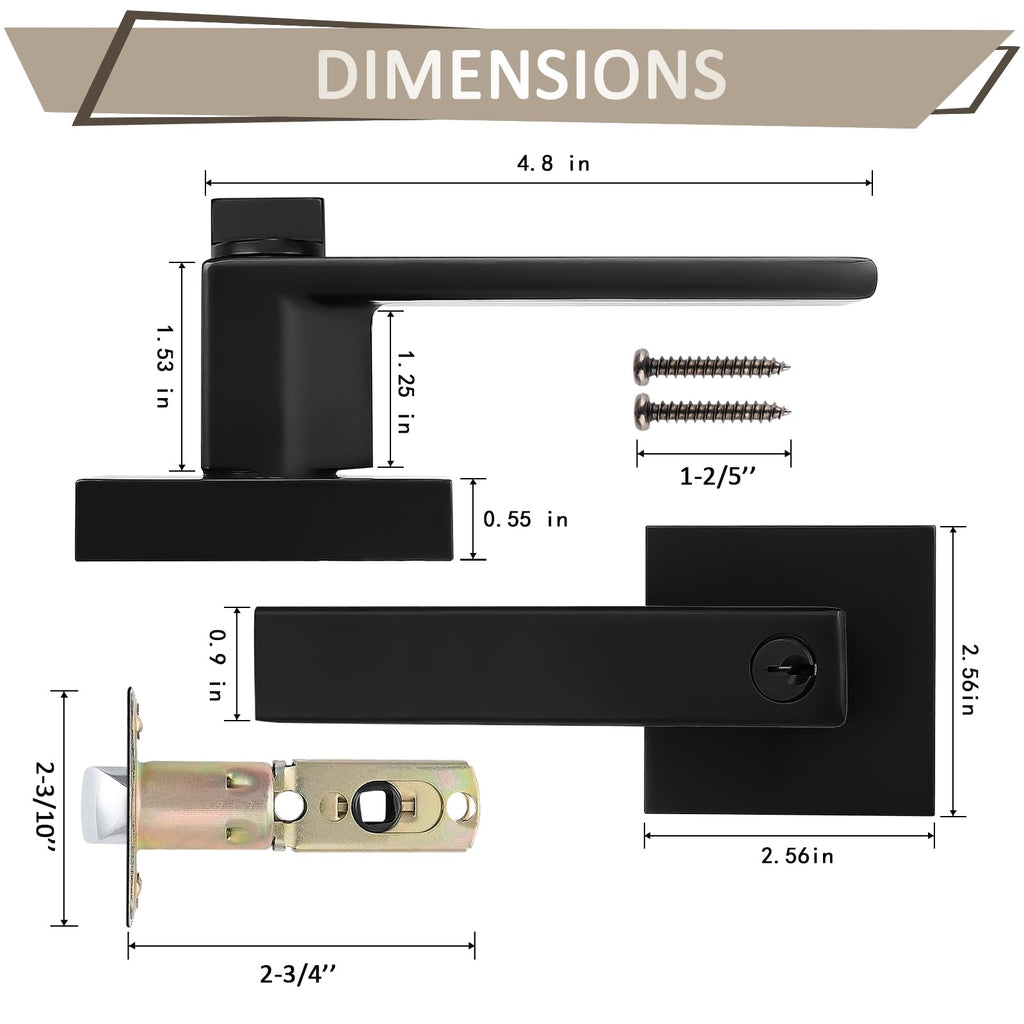 Probrico 3 Pack Black Door Levers Interior Bedroom Entrance Door knobs Door Lock Set One Keyway Entry Keyed Alike Same Key Entrance Lockset Each with 3 Same Keys