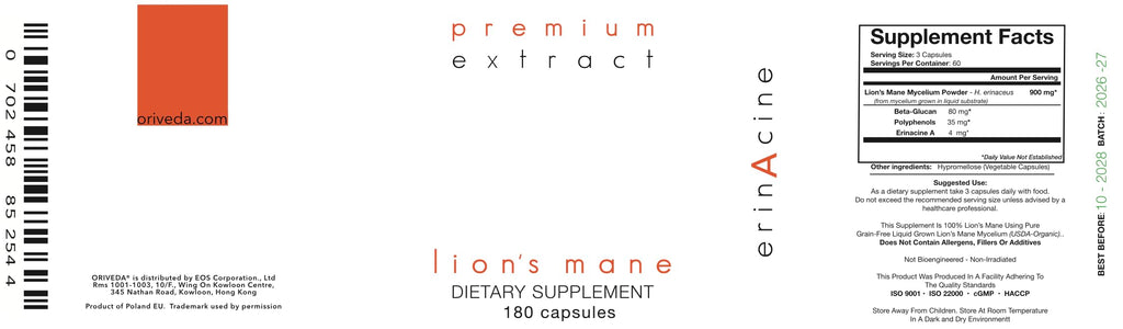 ORIVeDA Lion’s Mane Organic Mushroom Extract 2-Pack - Fruiting Body 180 v-caps, Pure Mycelium 180 v-caps • Supports The Brain and Nervous System
