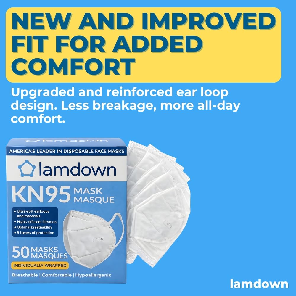 Lamdown (50-Pack) KN95 Face Masks, Individually Wrapped, Premium Disposable Dust Mask, White