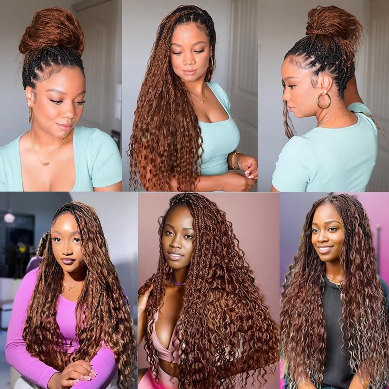 BLG Crochet Boho Box Braids with Human Hair Curls Brown Curly Human Hair Boho Crochet Braids with Curly Ends Pre Looped Bohemian Crochet Braids for Black Women 24 Inch 2 Pack 80 Strands