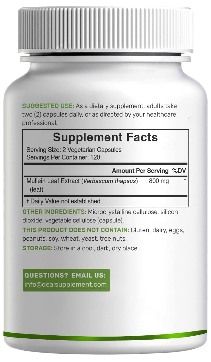 DEAL SUPPLEMENT Mullein Leaf Extract 240 Veggie Capsules – 4 Month Supply – Non-GMO, Vegan