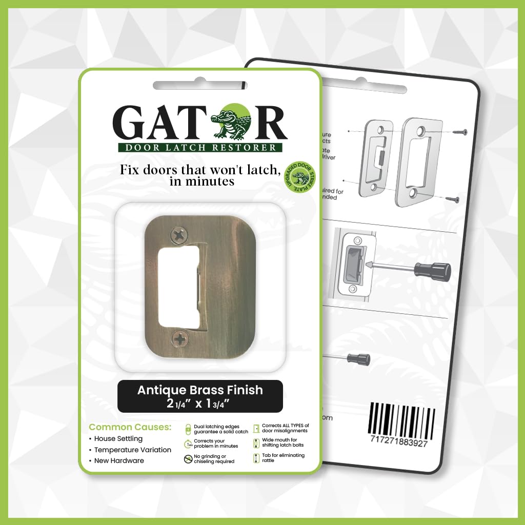 Gator Door Strike Plate with Screws, – 2-1/4" by 1-3/4" Universal Latch Restorer Alloy Steel Lock Hardware for Interior and Exterior Doors, Replacement Door Latch Plate | Antique Brass 4-Pack