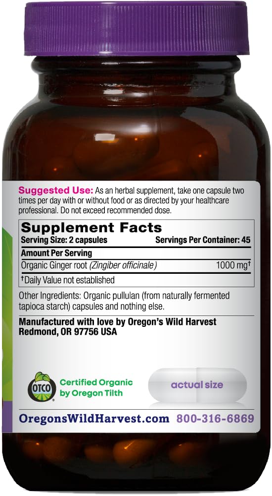 Oregon's Wild Harvest, Certified Organic Ginger Capsules for Stomach Support, Non-GMO, 1000 MGS, 90 Count