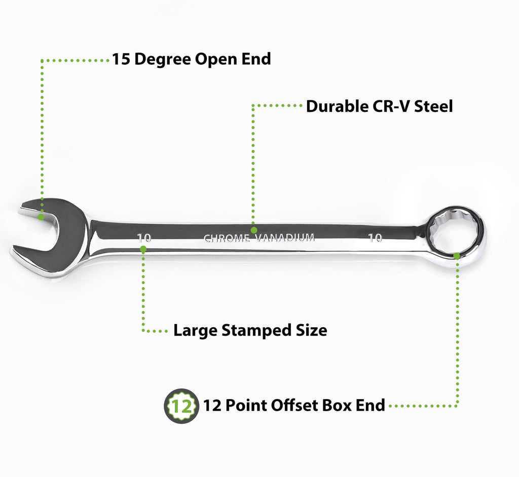 Metric Combination Wrench Set, 15-Piece 8, 9, 10, 11, 12, 13, 14, 15, 16, 17, 18, 19, 20, 21, 22mm, Chrome Vanadium Steel with 12-Point Box End, 15-Degree Offset, Mirror Polished, with Rolling Pouch
