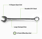 Metric Combination Wrench Set, 15-Piece 8, 9, 10, 11, 12, 13, 14, 15, 16, 17, 18, 19, 20, 21, 22mm, Chrome Vanadium Steel with 12-Point Box End, 15-Degree Offset, Mirror Polished, with Rolling Pouch