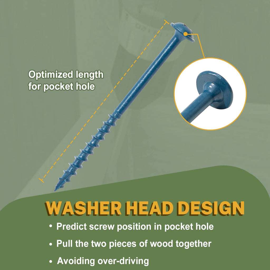 LIONMAX Pocket Hole Screws 2-1/2 Inch, 300 PCS Exterior Pocket Screw #8 x 2-1/2", Coarse Thread, Square Drive, Washer Head, Blue Coated Weather Resistant, 150MM Drive Bit Included