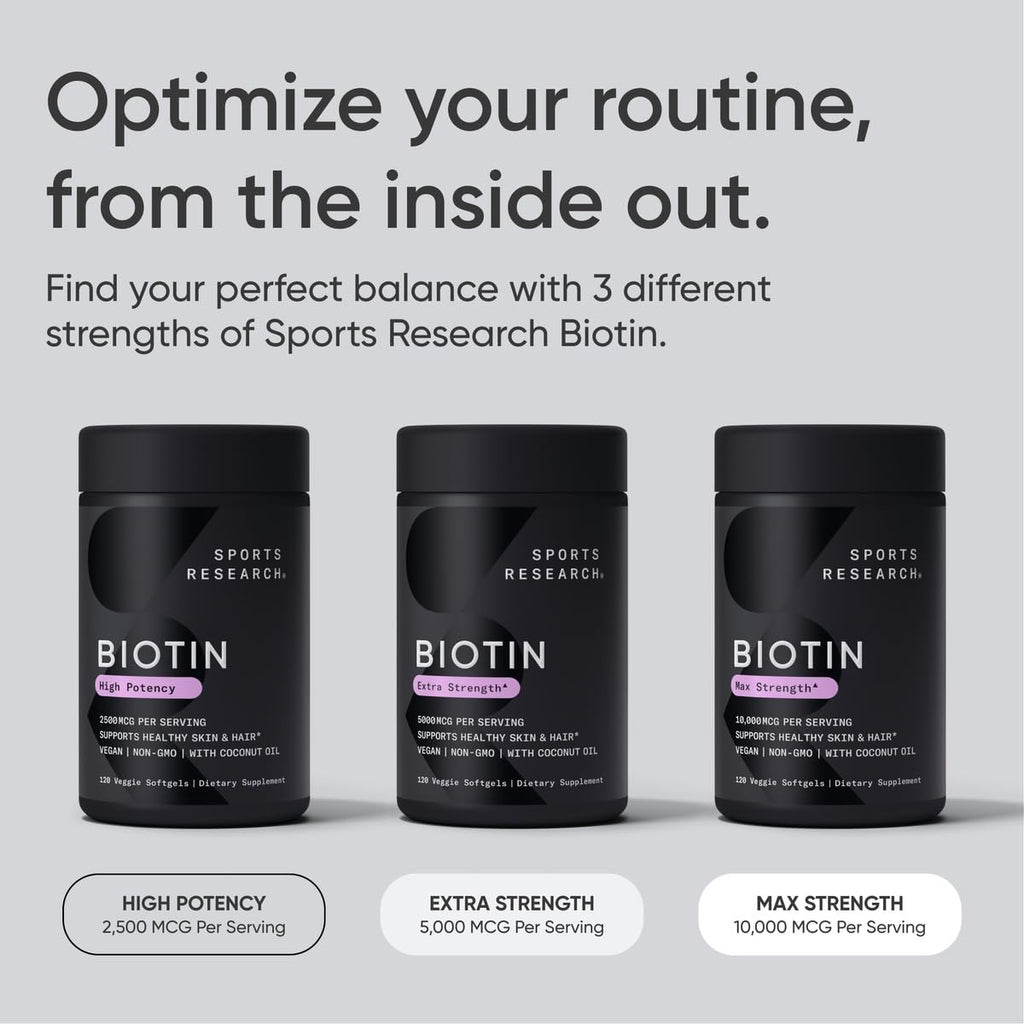 Sports Research® Biotin 2,500mcg with Organic Coconut Oil - Biotin (Vitamin B7) for Healthy Skin and Hair Support* - for Women and Men - Vegan, Non-GMO, Gluten & Soy-Free - 120 Veggie Softgels