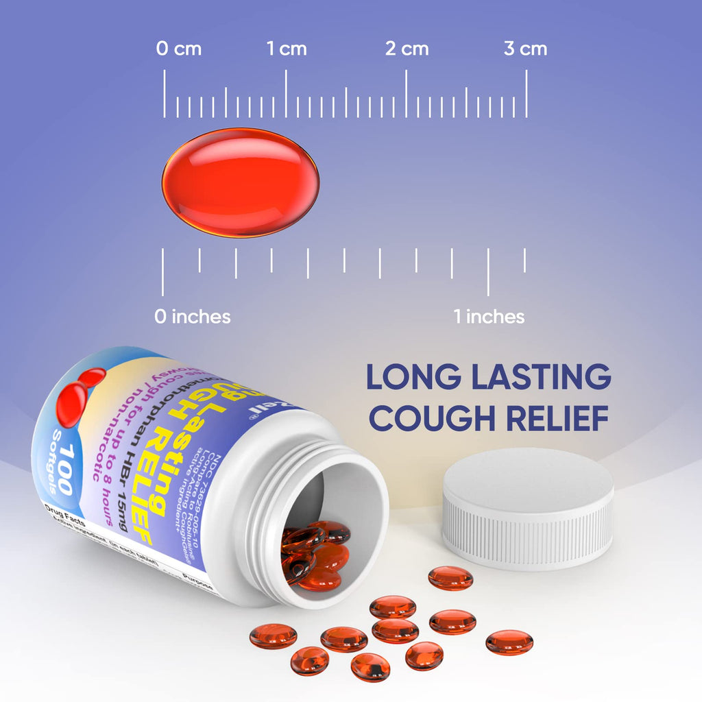 RXZELL Adult Cough Relief, Dextromethorphan HBr 15mg (200 Softgels), 8 Hour Long Lasting, Non-Drowsy, Cough/Bronchial Suppressant