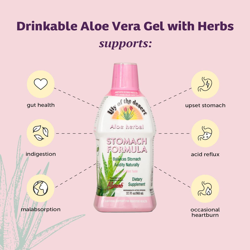 Lily of The Desert Stomach Formula, Organic Aloe Vera Juice with Slippery Elm, Chamomile, Peppermint, and Ginger for Gut Health, Acid Reflux, Heartburn Relief, 32 Oz, Gelly Sachet Included,1