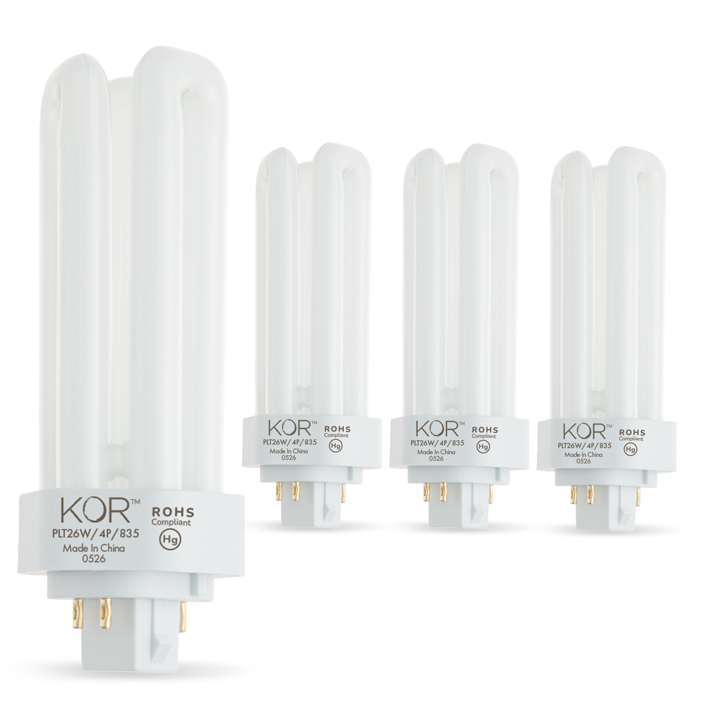 KOR (Pack of 4 26 Watt Triple Tube - GX24Q-3 (4 Pin) Base -3500K White - CFL Light Bulb - Philips 268243 PL-T 26W/35/4P/ALTO - GE 97616 F26TBX/835/A/ECO