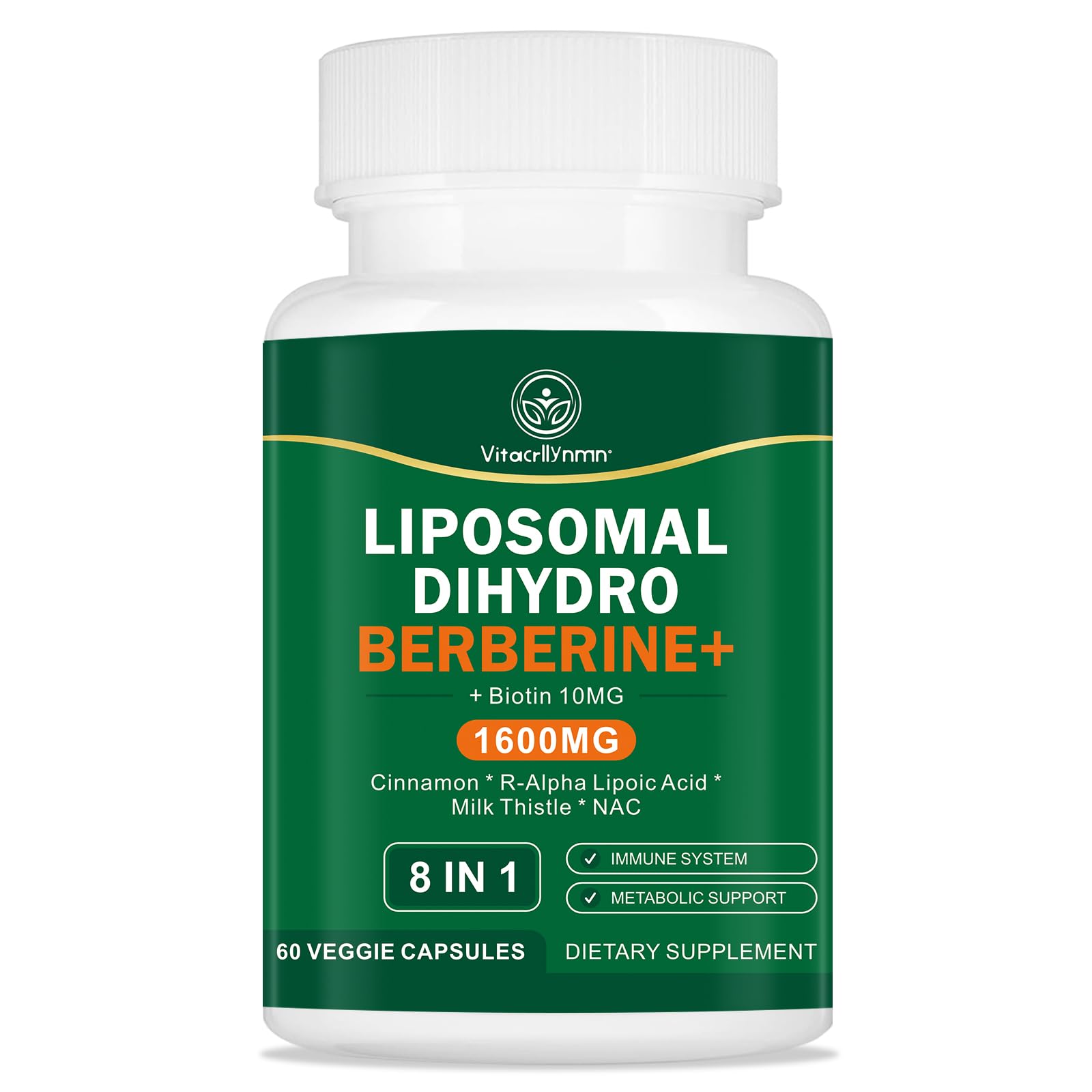 VITACRLLYNMN Dihydroberberine Supplement 1600MG Super Berberine and Dihydroberberine with Cinnamon 8 in 1 Supplement 60 Capsules