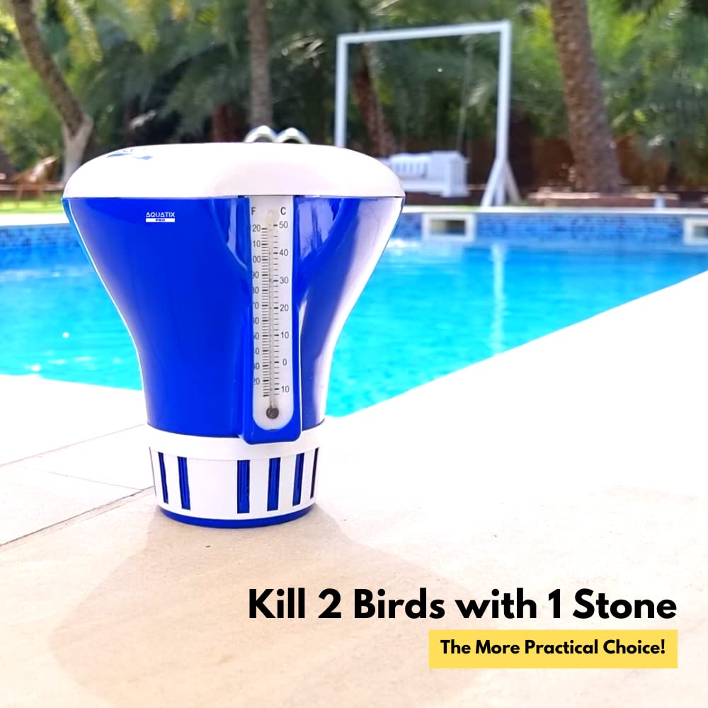 Aquatix Pro Pool Chlorine Floater Dispenser with Thermometer for 1 to 3 inch Tablets, Large & Durable Floating Dispenser for Spa, Hot Tub, In-ground & Above Ground Pools, Adjustable Flow Rate