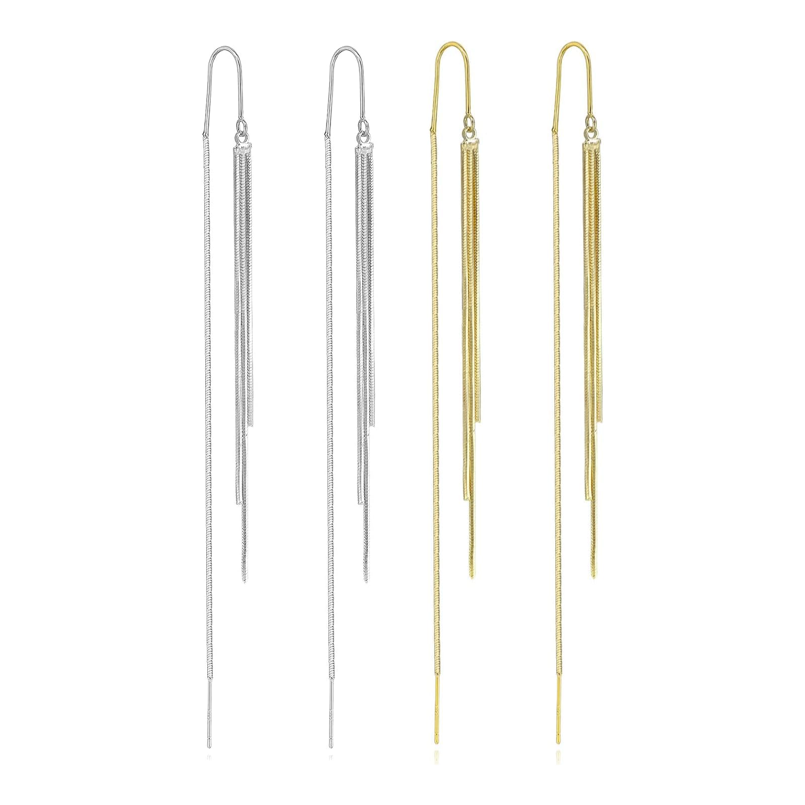 Ckeureri Threader Dangle Earrings for Women Dazzling Tassel Long chain Drop Earrings for Your Wedding and Prom(Gold Silver 2 Pair Pack)