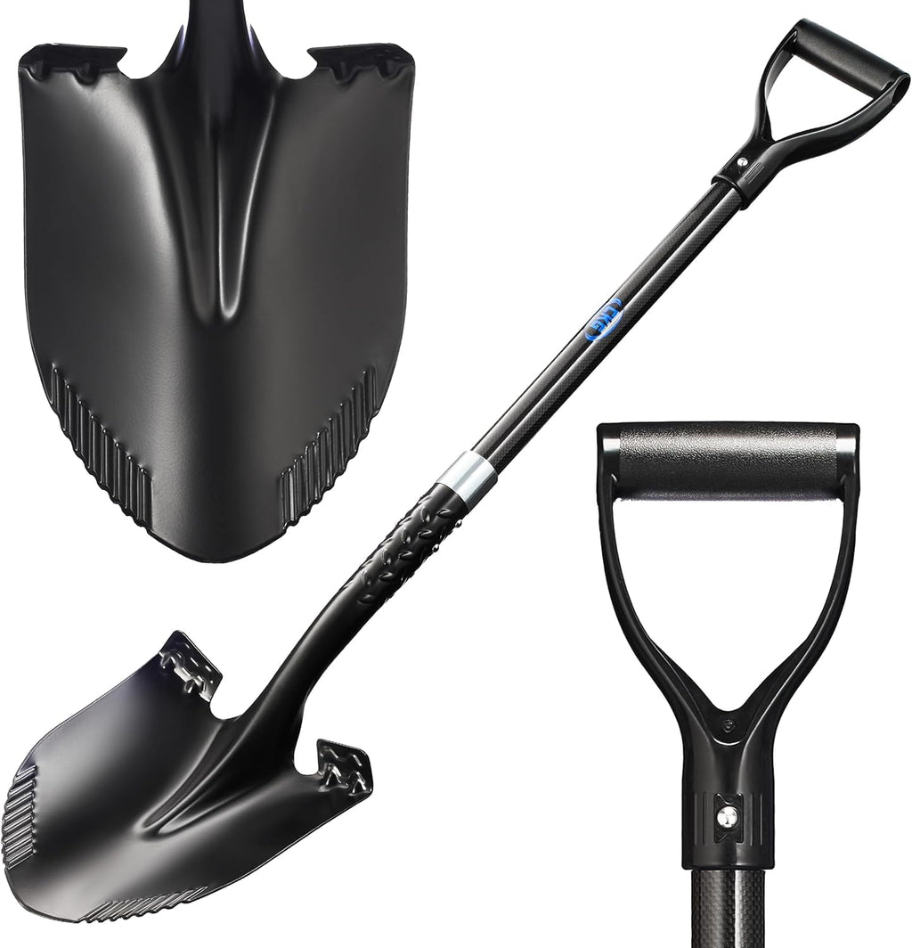 CKG Carbon Garden Shovel for Digging 43 Inches, Cold Steel Heavy Duty Gardening Shovel with Round Blade and Comfortable D Grip Spade Shovel for Gardening, Landscaping, Construction, Round Blade