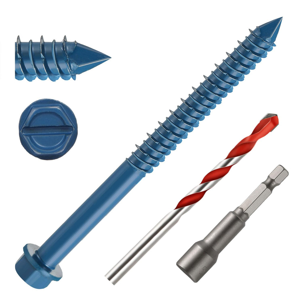 1/4" x 3-1/2" Concrete Screws, 50 PCS Blue Hex Washer Head Concrete Screws Anchor Kit with Drill Bit and Hex Bit Socket, for Masonry, Cement, Block, Brick or Stucco