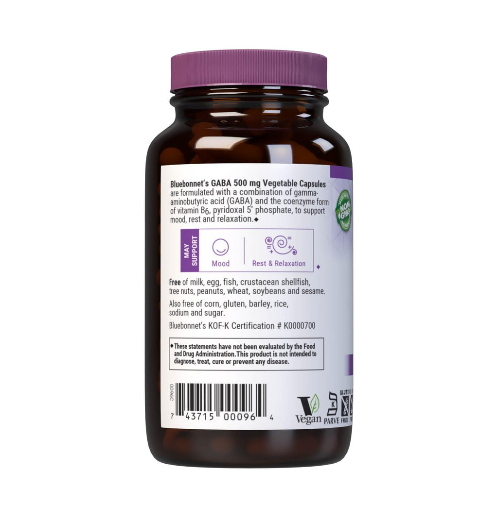 BlueBonnet Nutrition GABA 500mg, for Stress Relief*, Supports Relaxation*, Kosher, Vegan, Gluten-Free, Soy-Free, Non-GMO, 120 Vegetable Capsules, 120 Servings