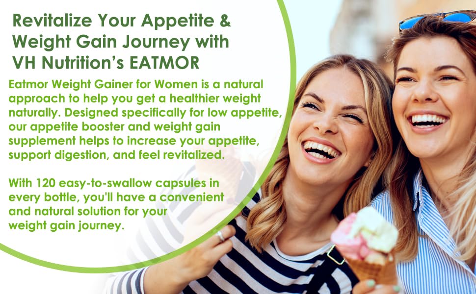 VH Nutrition Eatmor | Appetite Booster | Weight Gain Pills* for Women and Men | Designed for Women with Gentian, Ginger, Alfalfa | 120 Easy-to-Swallow Capsules