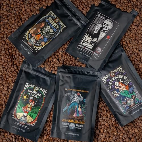 Bones Coffee Company Favorite Flavors Sample Pack Gift Set with Coffee Mug Medium Roast Whole Bean Coffee Low Acid Flavored Coffee Beans (4 oz, Pack of 5)