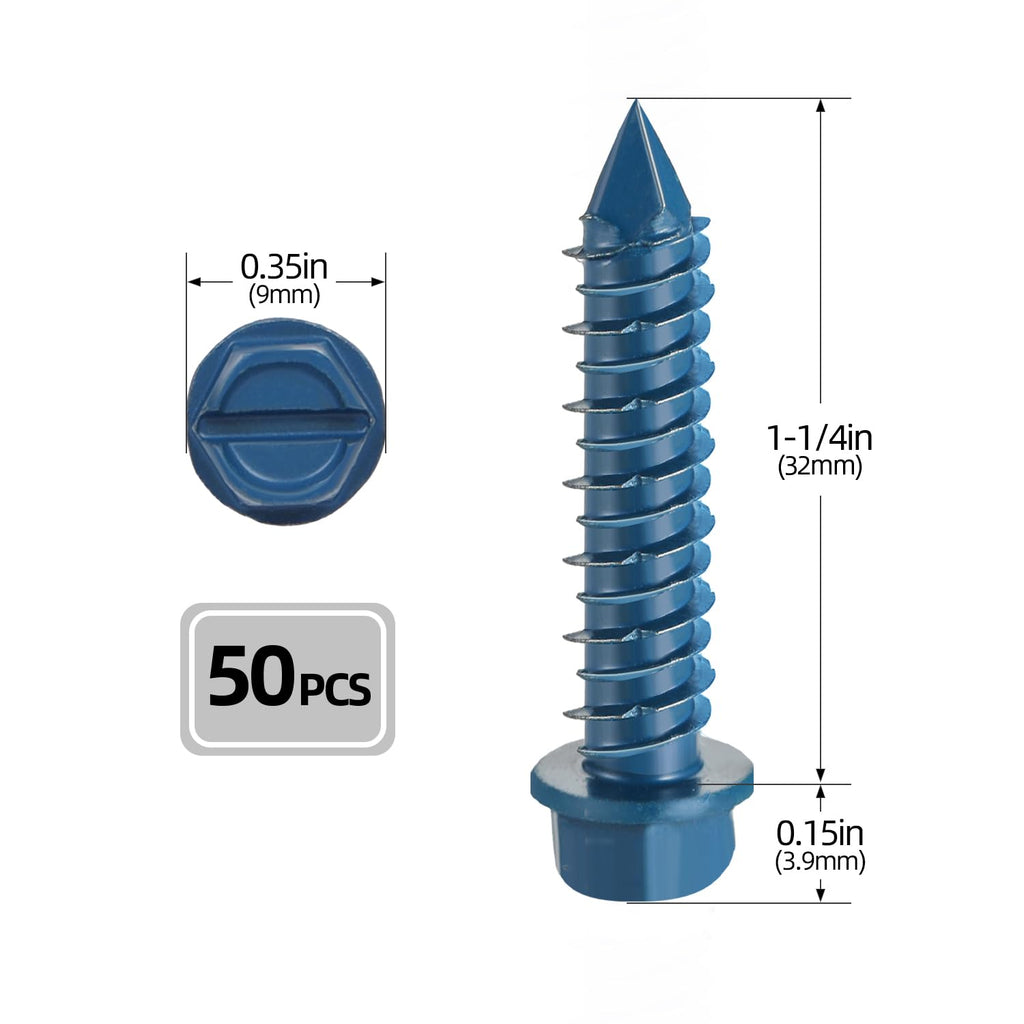3/16" x 1" Concrete Screws, 100 PCS Blue Hex Washer Head Concrete Screws Anchor Kit with Drill Bit and Hex Bit Socket, for Masonry, Cement, Block, Brick or Stucco