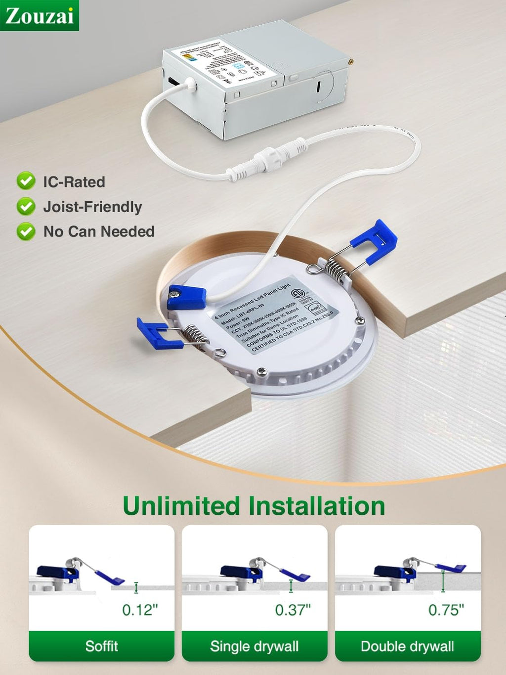 zouzai 12 Pack 4 Inch LED Recessed Ceiling Light, 9W=60W, 5CCT, Dimmable