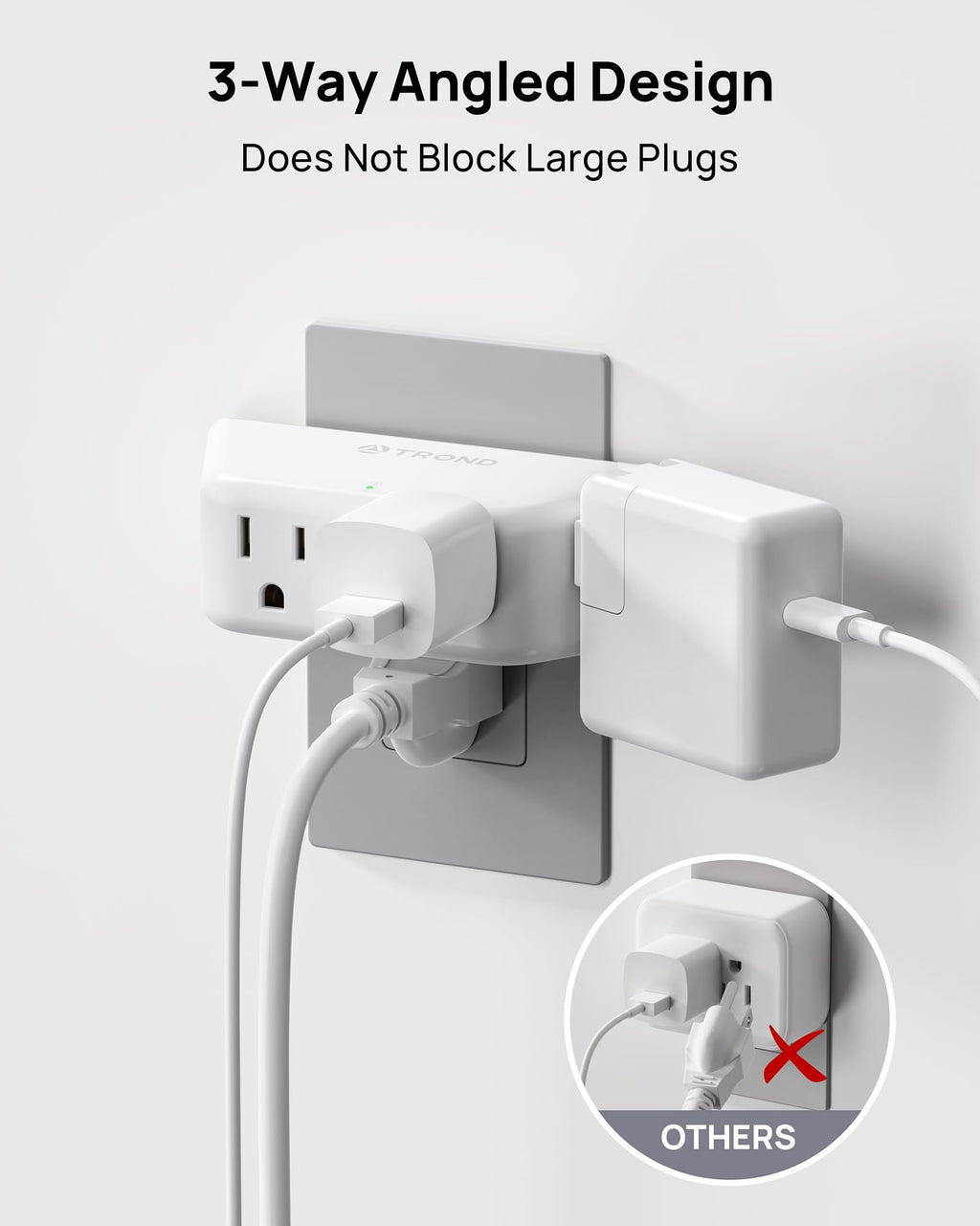 TROND Multi Plug Outlet Extender 2 Pack - Surge Protector Outlet with 4 Grounded Sockets, 3 Way Angled Plug Splitter, 900J, Multiple Wall Adapter for Home Office Travel Dorm Room, White