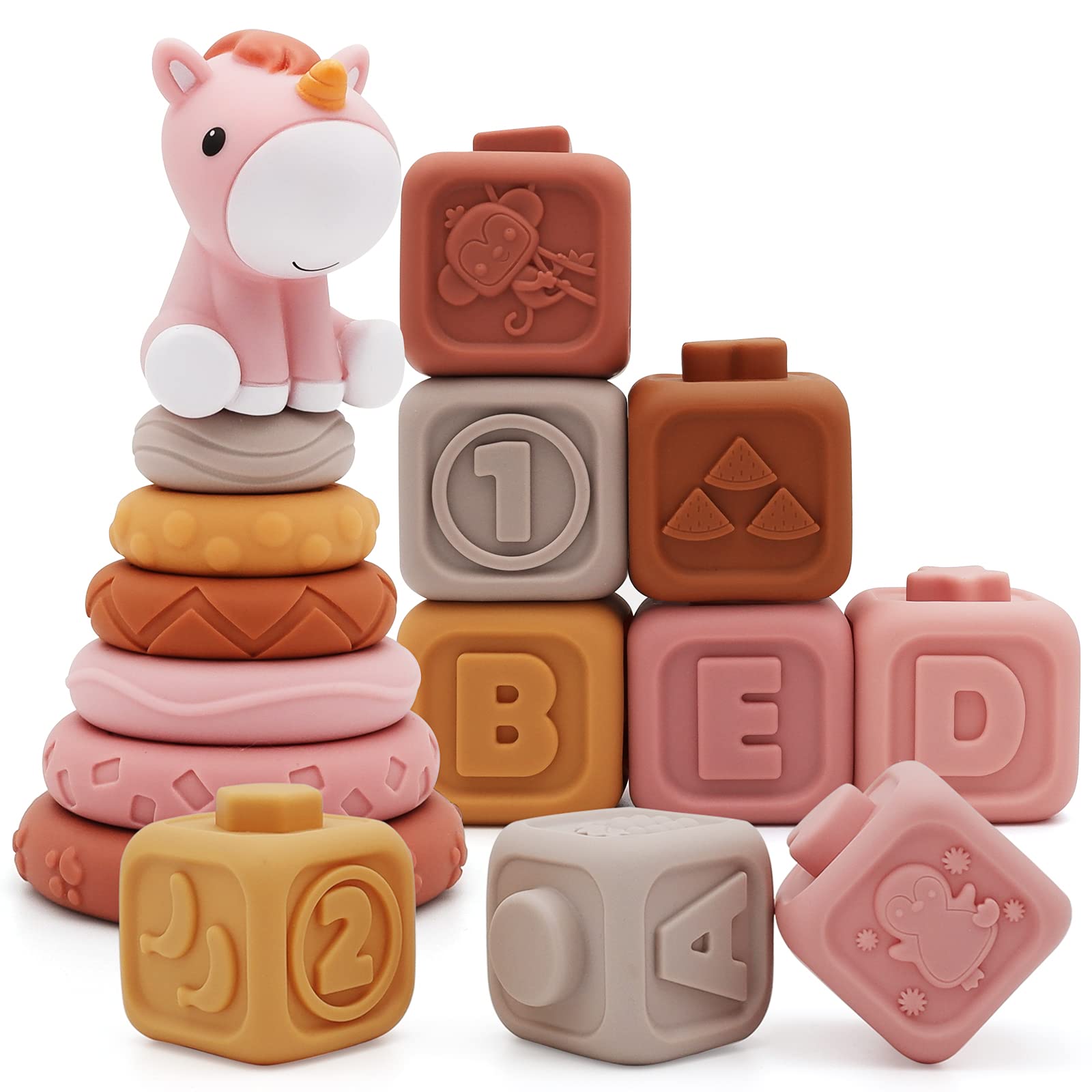 Nueplay 13 Pcs Building Circle & Blocks, Stacking & Nesting Baby Toys with Horse Figure, Newborn Essentials Squeeze Teething Toy Gifts for 6 12 18 Months Baby Toddler Girls