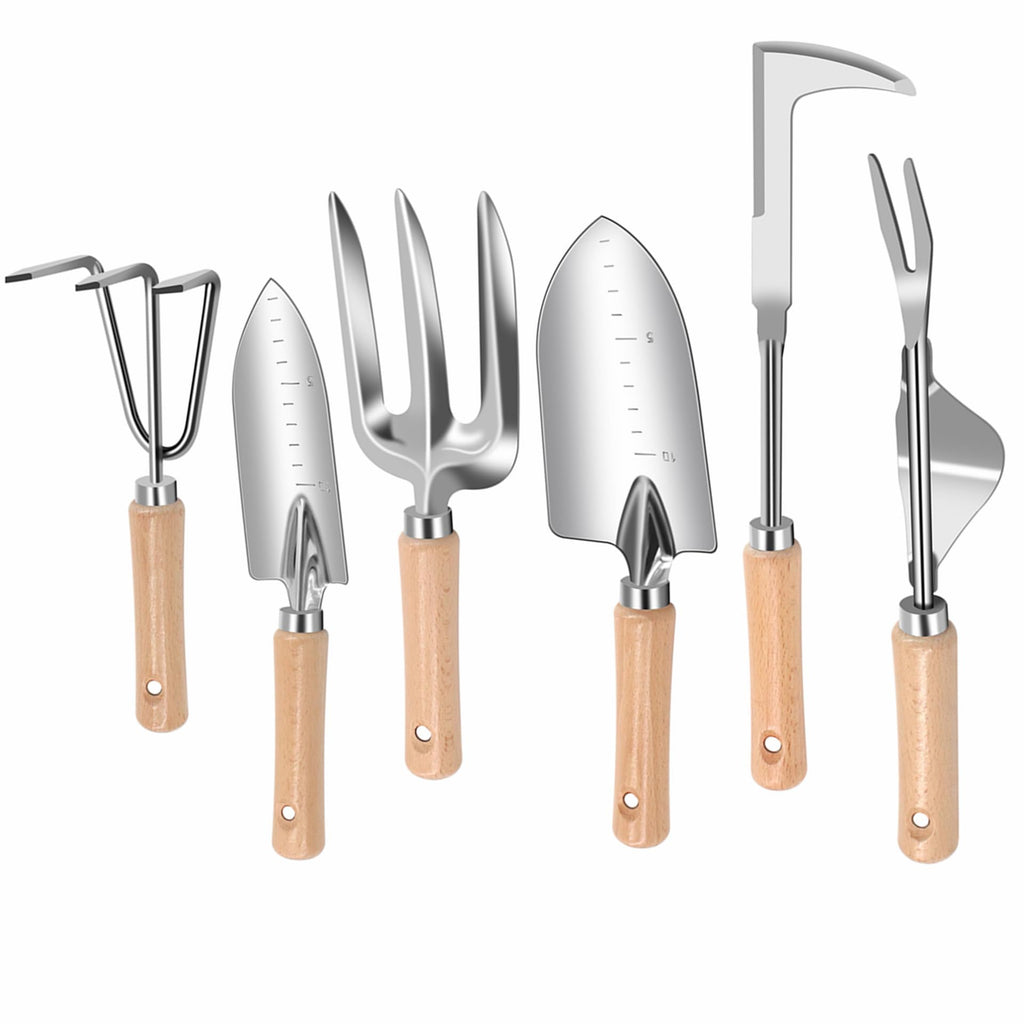 DWFKHT Weed Puller Tool, 6 Piece Stainless Steel Heavy Duty Weeding Tool, Weed Puller, Crack Weeder Tool, Weed Remover Tool with Ergonomic Wooden Handle, Gardening Gifts for Women
