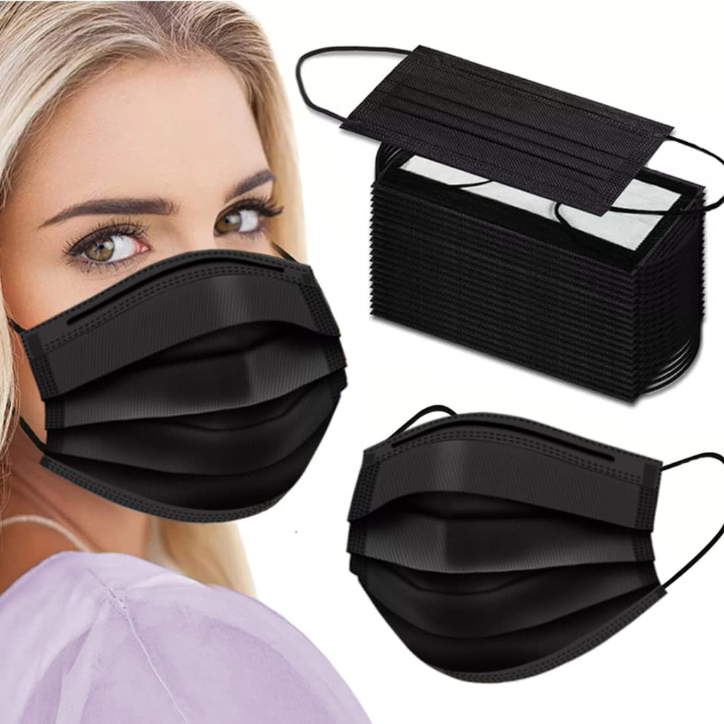 Cozzi Crafts Black Face Masks Disposable 100 Pack 3 Ply Facemask with White Inside, Dust & Allergy Mask, 3 Layer Adult Breathable