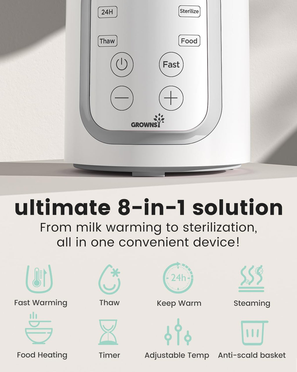 Grownsy 8-in-1 OG Fast Bottle Warmer with Timer, Gray