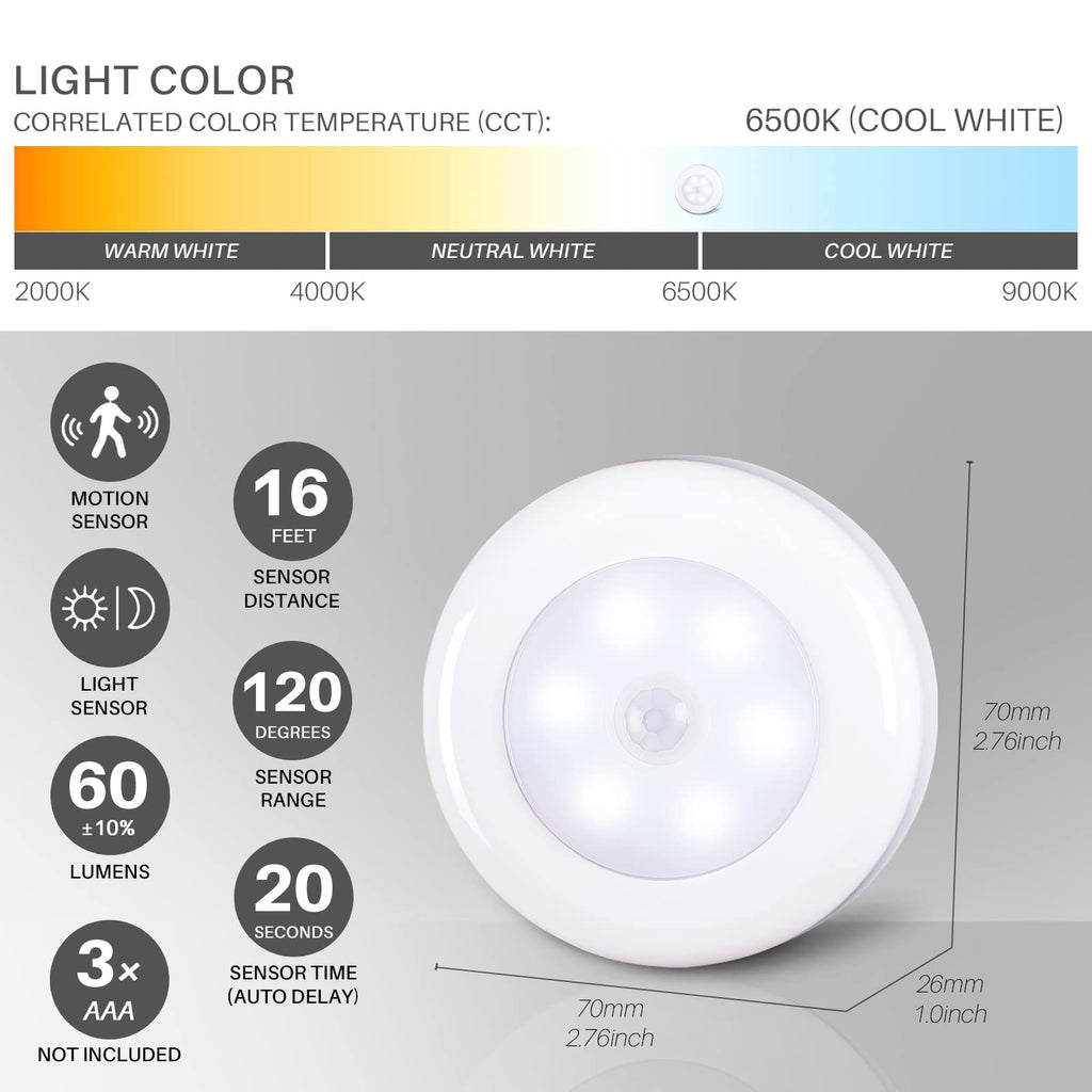 STAR-SPANGLED 6 Pack 2.8” Motion Sensor Lights Indoor AAA Battery Operated, Stick on LED Puck Light for Stairs, Under Cabinet, Closet, Cool White