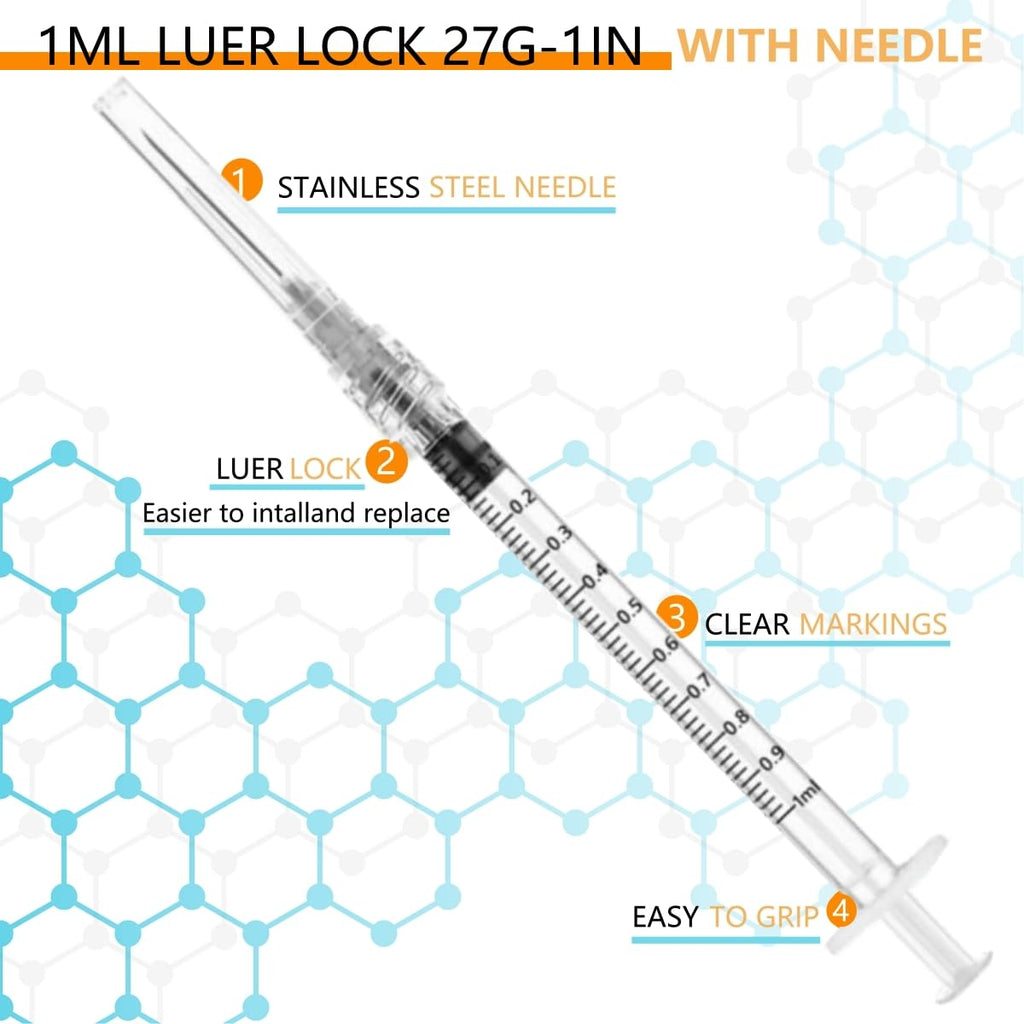 50 Pack Luer Lock 1ml 27Ga - 1 Inch Sample Measuring Syringe Lab Supplies, Individually Sealed Wrapped