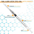 50 Pack Luer Lock 1ml 27Ga - 1 Inch Sample Measuring Syringe Lab Supplies, Individually Sealed Wrapped