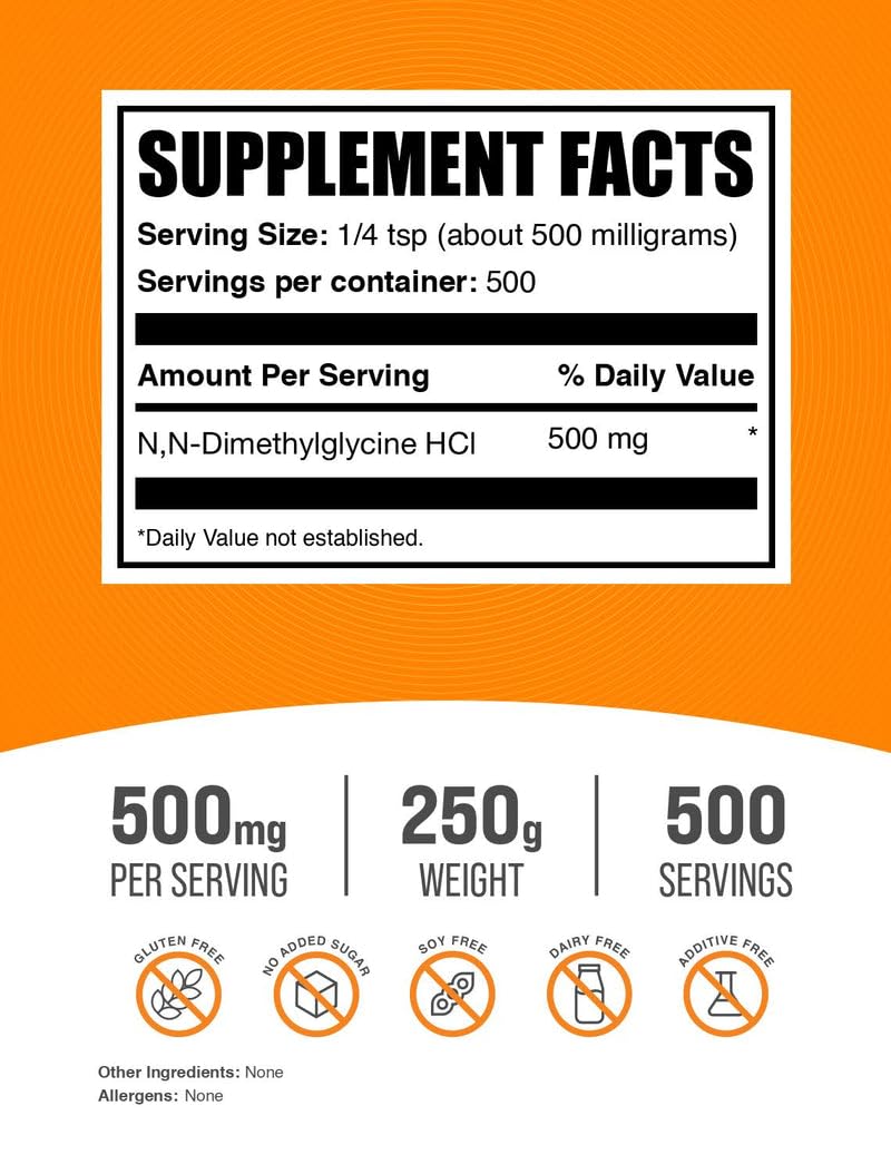 BulkSupplements.com DMG Powder - as N,N-Dimethylglycine HCl, DMG Supplement - Gluten Free, 500mg per Serving, 250g (8.8 oz) (Pack of 1)