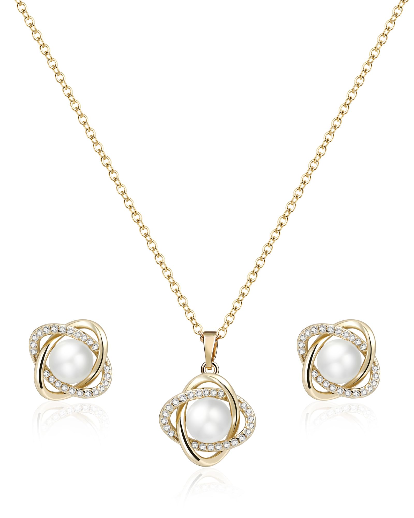 Teppdfann 14K Gold Plated Pearl Jewelry Set for Women - Matching Pearl Necklace and Earring Set with Wrapped Design, June Birthstone Jewelry Set for Gift