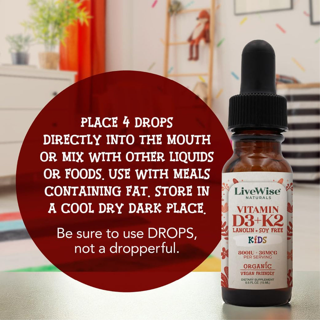 Live Wise Naturals Vitamin D3 K2 Kids Liquid Drops - 112 Servings, Ultra Concentrated Formulation, Fast Absorption 800 IU & 35 MCG for Calcium & Bone Support - Daily Nutritional Support Parents Trust