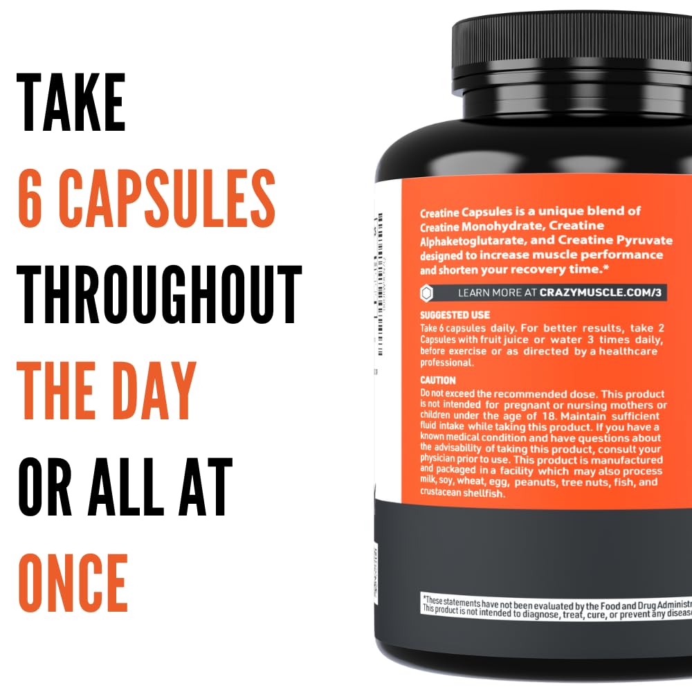 Crazy Muscle Creatine Capsules, 5g of Premium 3X ThreeAtine Pre Workout Bulk Mass Gainer, High Absorption Easy to Take Creatine Monohydrate, Optimum Performance for Men Women, 360 Capsules