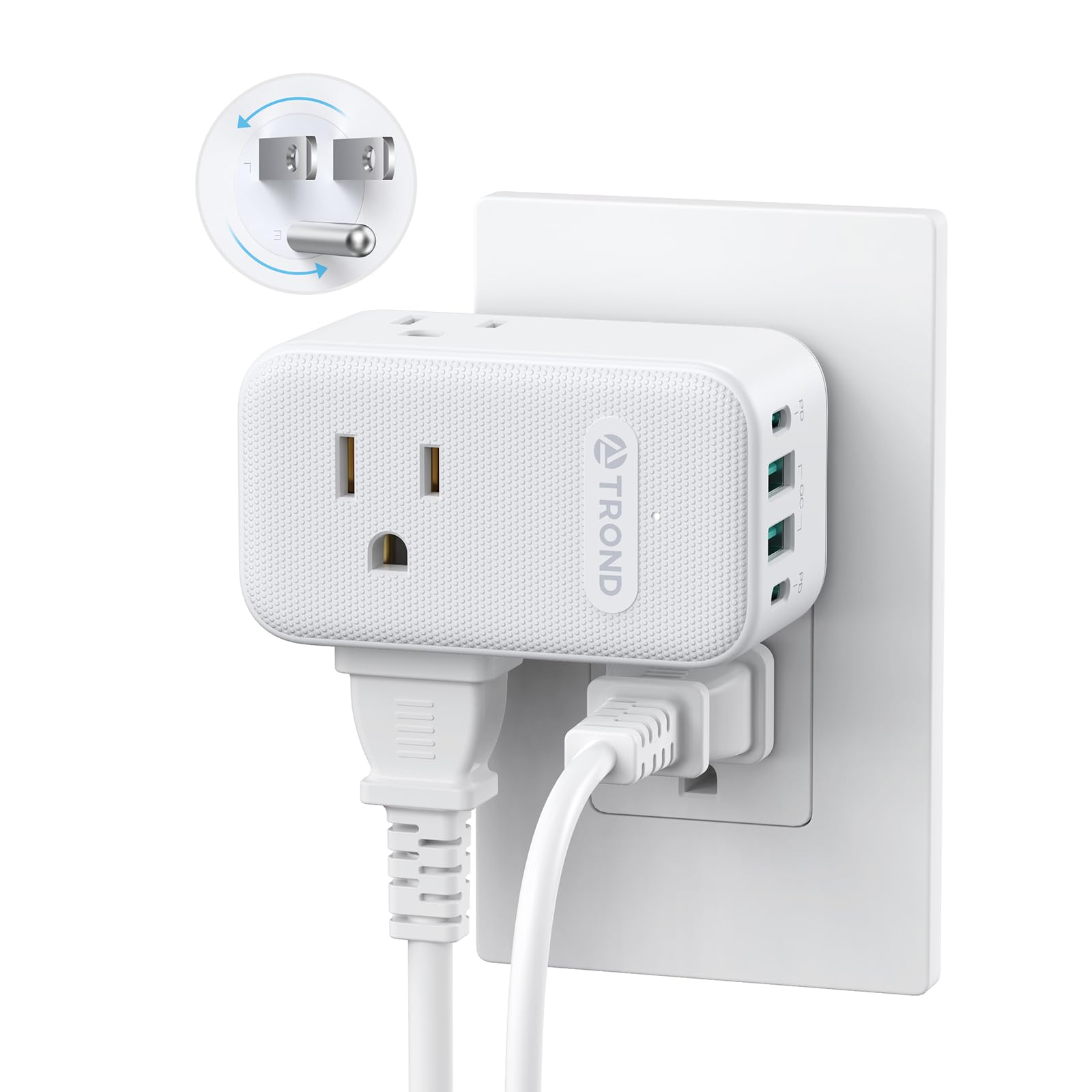 TROND Outlet Extender with 2 PD 20W USB C Charger, 3 AC Multi Plug Outlet Splitter with 360 Rotating Plug, USB Wall Socket Adapter, A Small Charging Station for Kitchen Bathroom Cruise Essentials