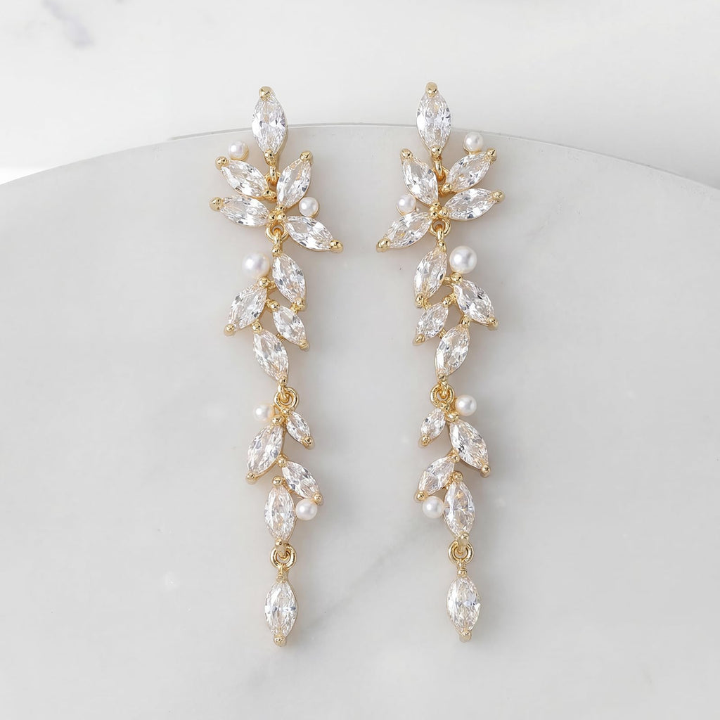 SWEETV Marquise Cubic Zirconia Dangle Earrings for Women, Crystal Wedding Bridal Drop Earrings for Brides Bridesmaids, 18K Gold Plated Chandelier Earrings for Anniversary Prom Jewelry Gift, Style01