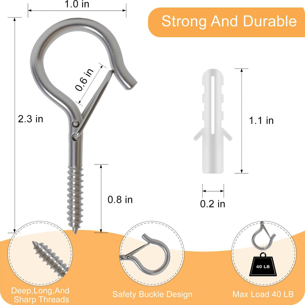 KULOLO Black Screw Hooks with Safety Lock 2.3" Rustproof Metal Ceiling Hooks for Hanging Plants, Baskets,String Lights & Outdoor Decor, 40LB Capacity (30, Silver)