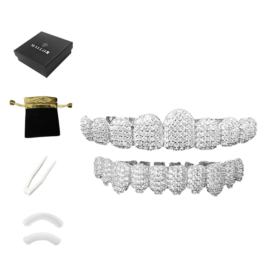 Custom Diamond Grillz for Men - Iced Out Detachable Gold & Silver Teeth Covers - Bling Hip Hop Mouth Jewelry (Silver)
