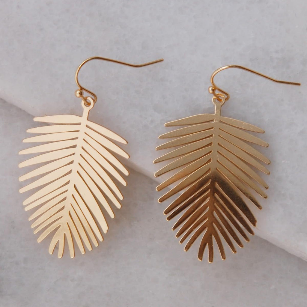 Gold Tone Leaf Earrings for Women - Bohemian Tropical Dangles, Palm Drops