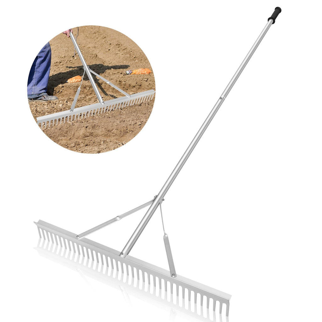 Landscape Garden Rake 36" Head Aluminum Heavy Duty Rake for Leaves Weed with 69" Long Handle for Loosening Soil Lawn Care Weeding Landscaping Tools