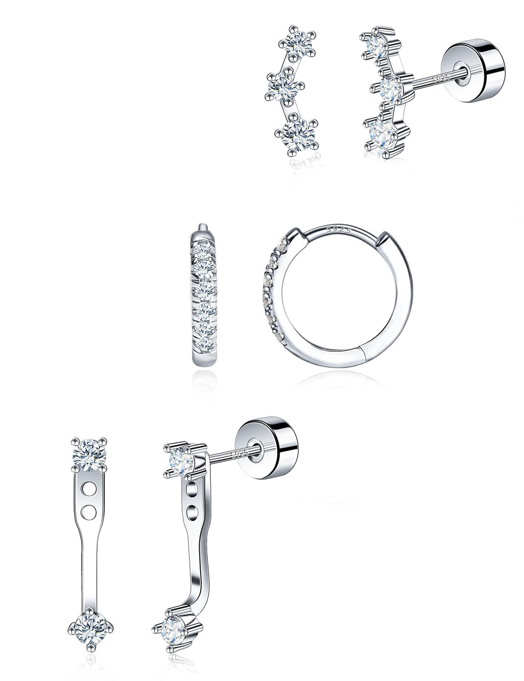 Moissanite 925 Sterling Silver Flatback Stud Jacket Earring Stacks 3 Pairs