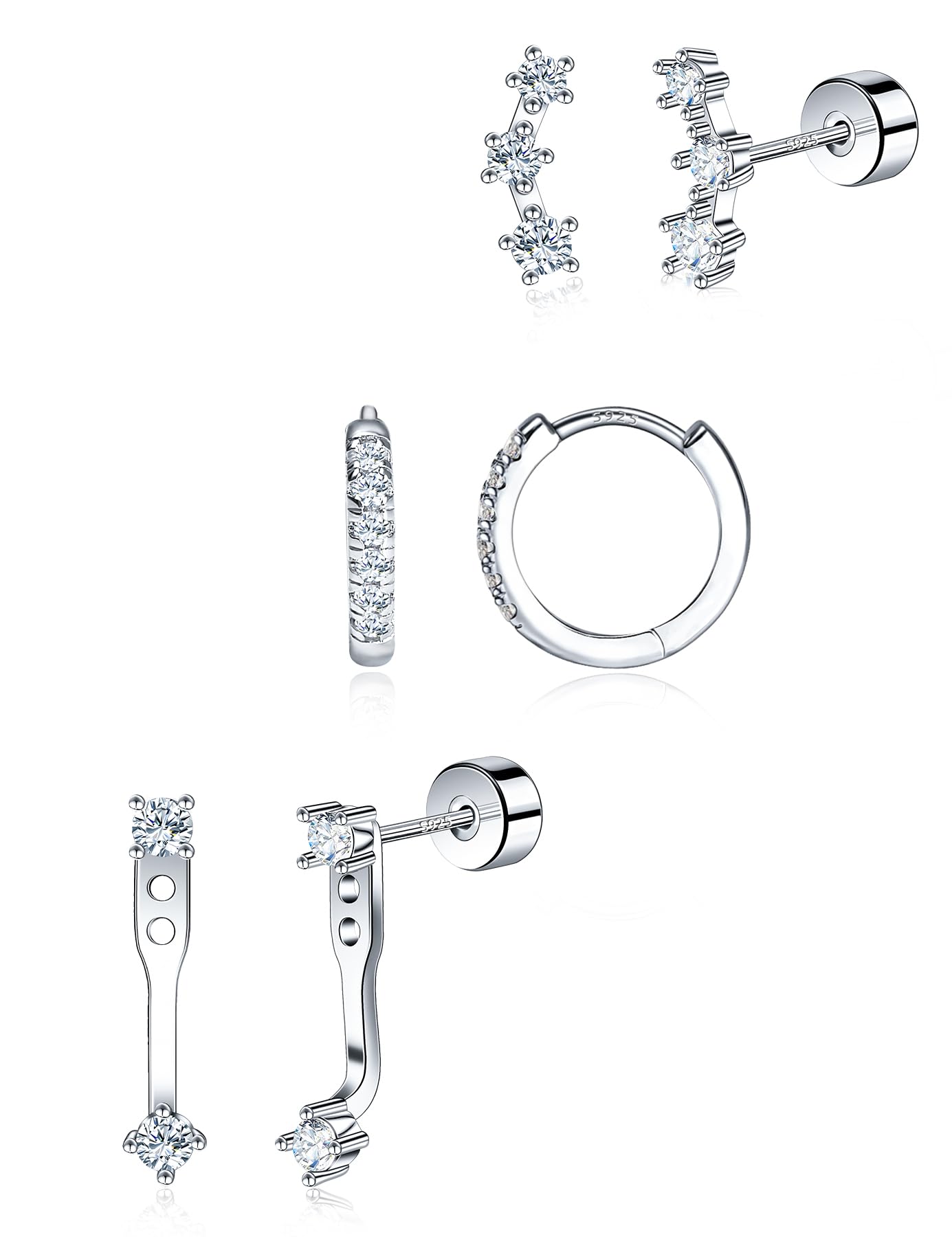 Moissanite 925 Sterling Silver Flatback Stud Jacket Earring Stacks 3 Pairs