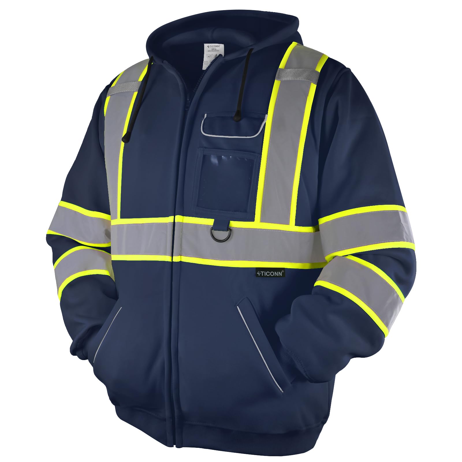 TICONN High Visibility Safety Sweatshirt Hoodie, Reflective Hi-Vis ANSI Class 3 Fleece Zippered Hooded Jacket for men and women (Navy, 3XL)