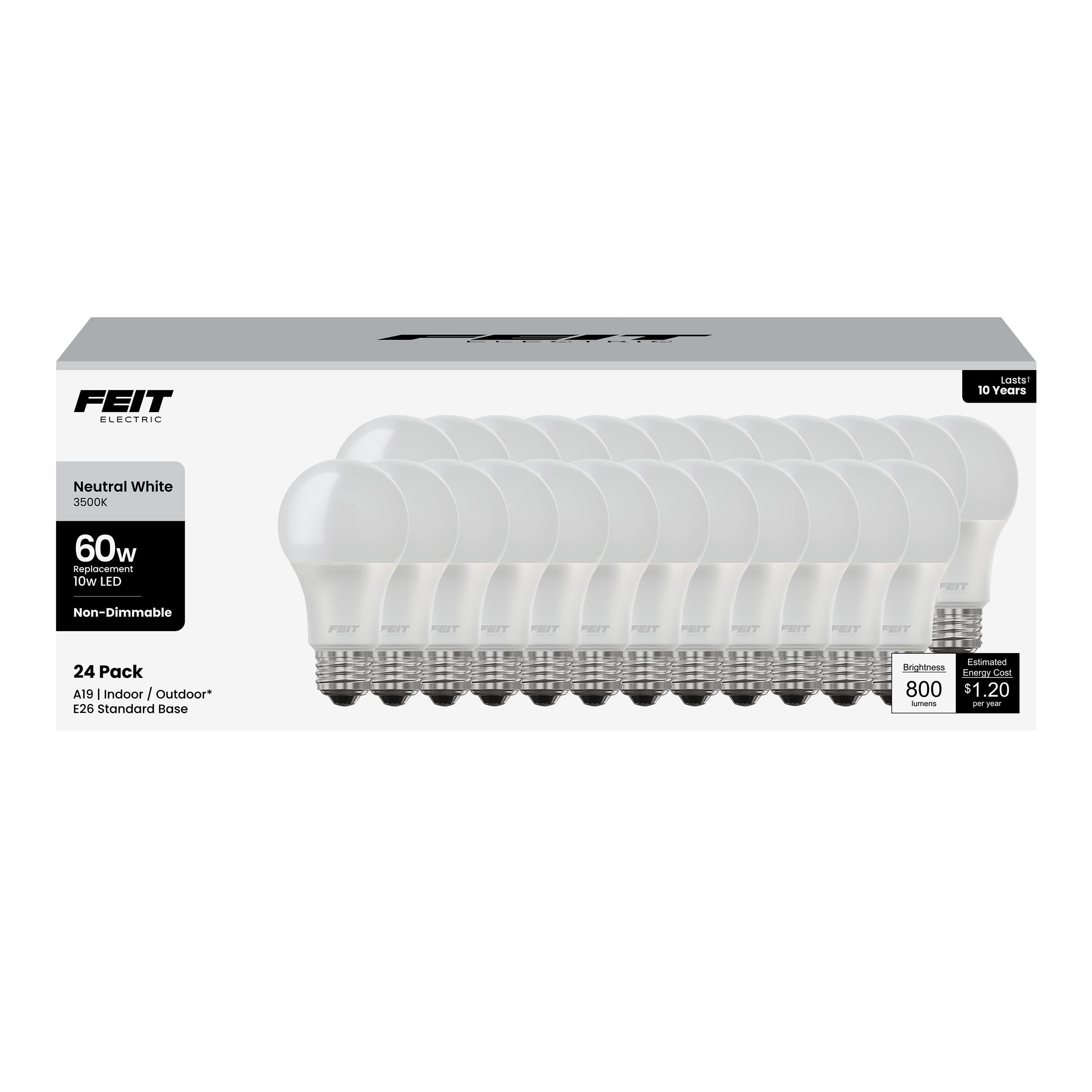 Feit Electric A19 LED Light Bulb, 60W Equivalent, E26 Medium Base, 800 Lumen, 3500K Neutral White light, Indoor/Outdoor General-purpose Light Bulbs, 11,000-Hour Lifetime, A800835/10KLED/MP/24, 24 Pack