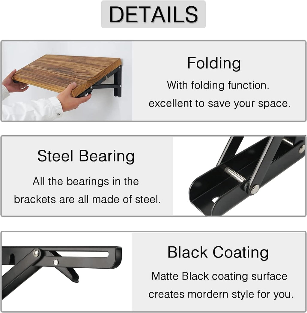 AUTOHJ Folding Shelf Brackets 22 inch 4 Pcs - DIY Wall Mounted Shelf Bracket for Garage Workstation, Stuff Supports, Plant Stand - Heavy Duty Collapsible Shelf Bracket Black