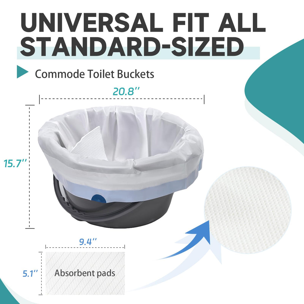 Commode Liners with Absorbent Pads, 50 Bedside Commode Liners and 50 Commode Pads, Portable Toilet Liners, Disposable Commode Bags Universal Fit All Standard Toilet Chair Bucket