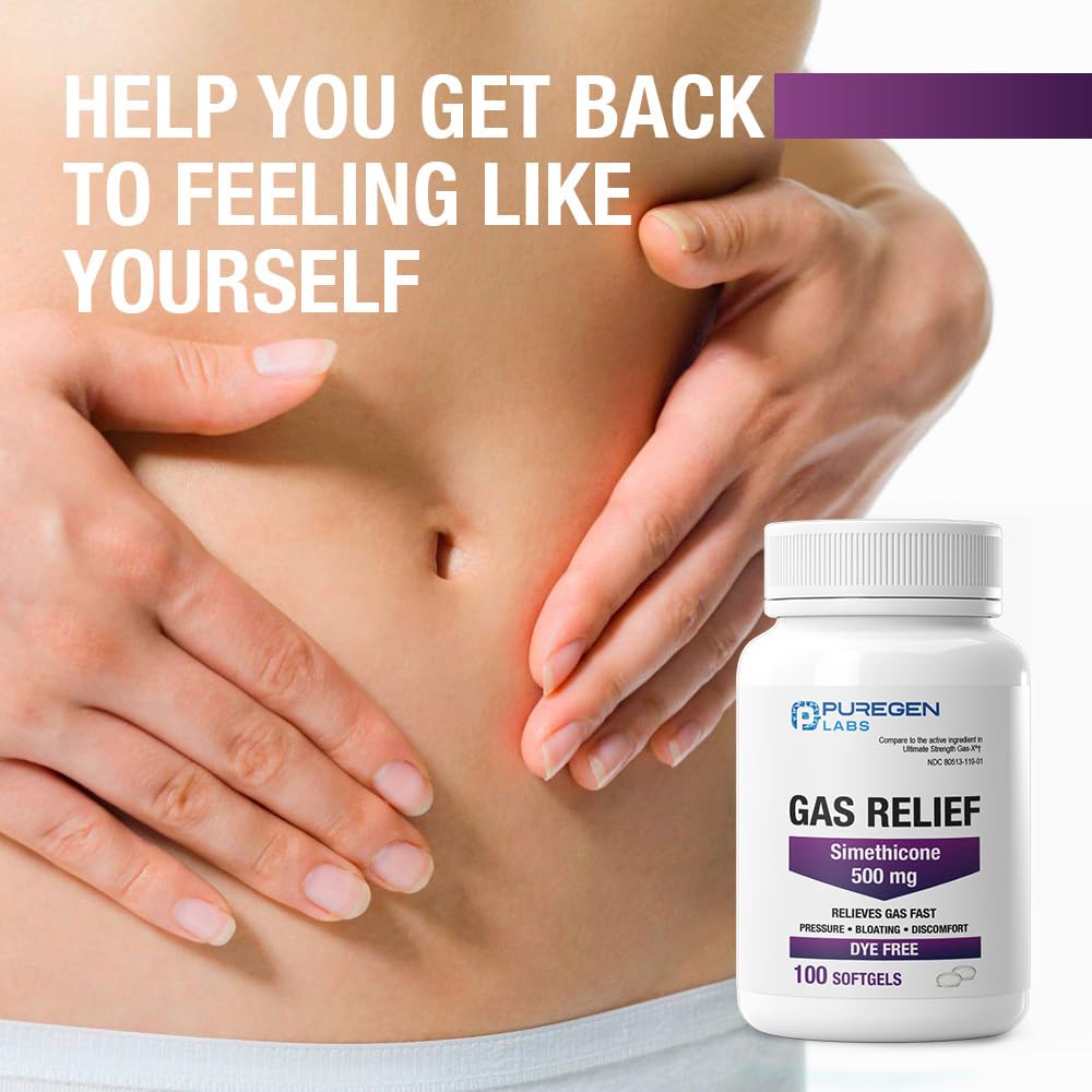 Puregen Labs Gas Relief Softgels with Simethicone 500 mg, Dye Free Formula, Fast Relief from Gas, Bloating & Pressure - 100 Softgels