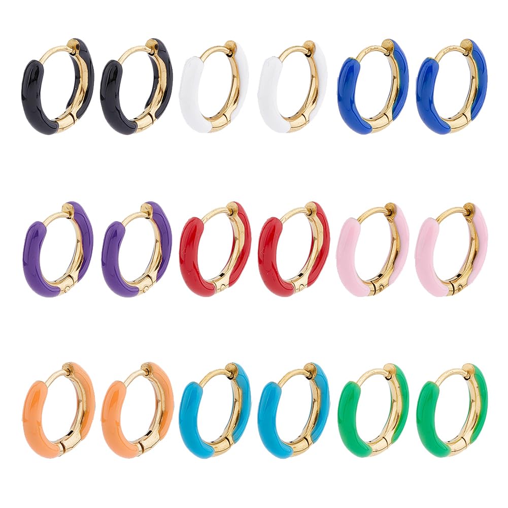 DICOSMETIC 9 Pairs Enamel Hoop Earring 15-16mm Colored Hoop Earrings 18K Gold Plated Huggie Hoops Earrings Small Cute Statement Earring Stainless Steel Fashion Jewelry Set for Women